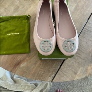 Tory Burch Pale Pink Leather Logo Ballet Flats